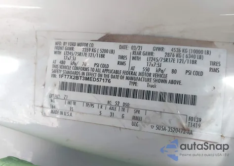 2021 Ford F-250 Xl z USA, uszkodzony, nr VIN 1FT7X2BT3MED57176